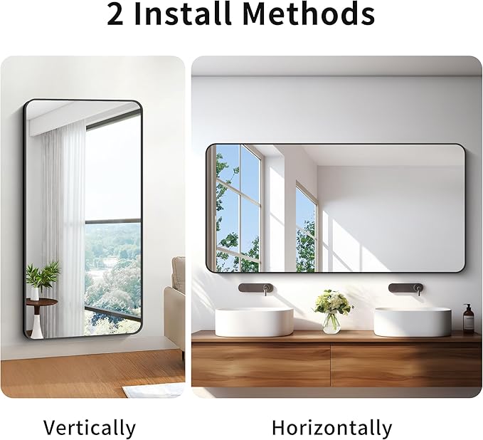 30x60 inch Bathroom Mirror,Black Rectangle Mirror,Wall Mounted Bathroom Frame Vanity Mirror with Round Corner for Bedroom Living Room, Entryway Hangs Horizontal or Vertical-StrideForce Fitness