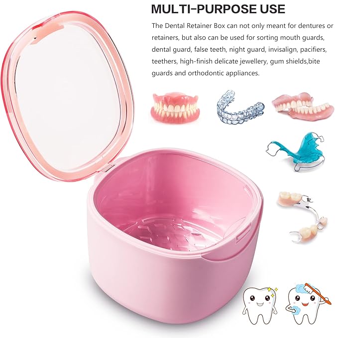 Denture Bath Case, Retainer Cleaning Box, No-Leak Denture Case, Mouth Guard, Night Guard and Retainer (pink)