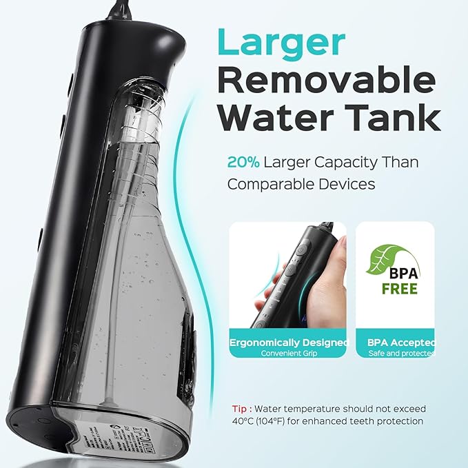 COSLUS Portable Water Flosser for Teeth: 4 Modes & 5 Intensity Levels Professional Electric Dental Pick for Sensitive Gums, Braces & Orthodontic - Cordless for Travel Use, for Adults, BPA-Free, Black