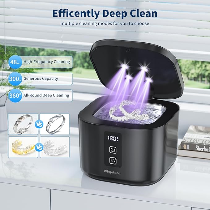 Ultrasonic Retainer Cleaner Machine, 48KHz Dental Cleaning Pod for Denture, Mouth Guard, Aligner, Night Guard, Braces, Toothbrush Heads, Jewelry with Digital Timer & 6 Modes, 13oz Capacity, Black