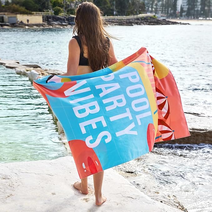Dock & Bay Beach Towel - Quick Dry, Sand Free - Compact, Lightweight - 100% Recycled - Includes Bag - Pool Party Vibes - Large (160x90cm, 63x35)-StrideForce Fitness