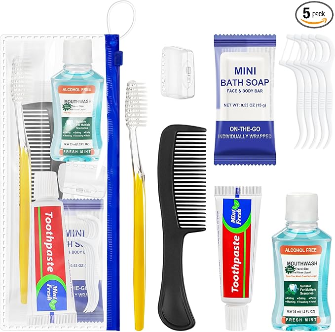 Xuezoioy Personal Hygiene Kit Bulk Pack of 5,Yellow Basic Travel Toiletry Set Disposable Toothbrushes with Toothpaste Mouthwash Floss Comb Cover and Zip Bag for Homeless,Charity,Guests