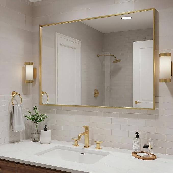 27x40 Inch Brass Bathroom Mirror for Wall, Aluminum Frame Rectangle Rectangular Vanity Mirror, Modern Large for Bedroom, Living Room, Horizontal or Vertical-StrideForce Fitness