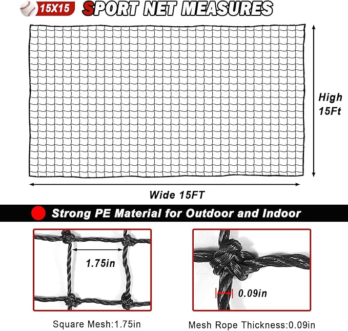 Baseball Softball Backstop Nets,Sports Net,Sports Netting Barrier,Sports Netting for Backyard,Twisted Knotted PE Net-StrideForce Fitness