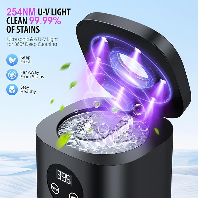 TEBAL Ultrasonic Retainer Cleaner Machine, 52kHz Ultrasonic Denture Cleaner for Night Guards, Braces, Toothbrush Heads, Jewelry and More, Ultrasonic Cleaner for Retainers with 250ML Capacity, Black