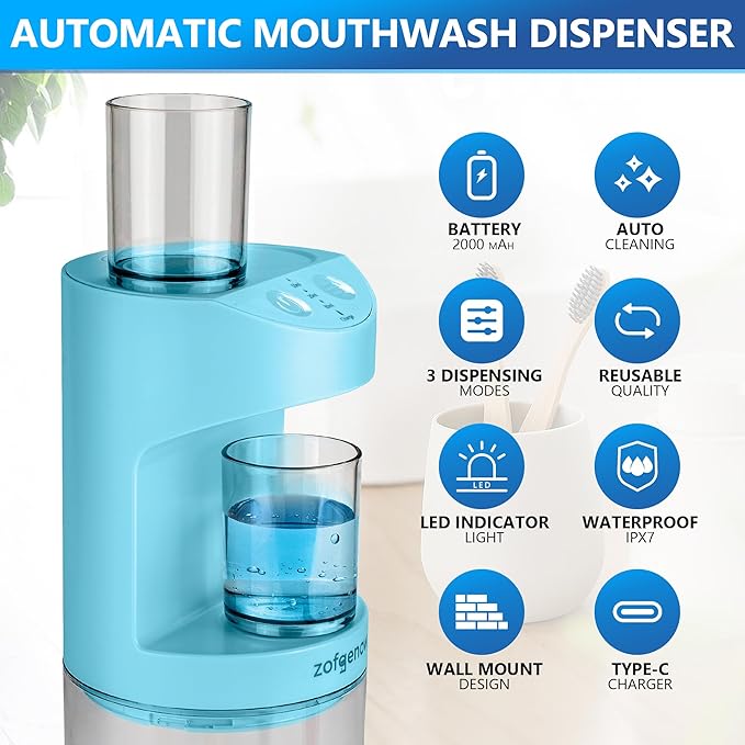 Automatic Mouthwash Dispenser for Bathroom,Bathroom Accessories 19.4 Fl Oz Dispensers with Magnetic Cups,Wall Mounted Dispenser,Suitable for All Age Groups,Blue