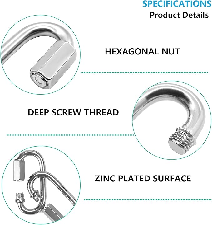 Quick Links, Chain Links Connector, 620lbs Capacity Heavy Duty Carabiner Clips, Galvanized Thread Quick Link Hardware for Safety Chain Swing Gym Hammock, Screw Lock Oval Locking Carabiner-StrideForce Fitness