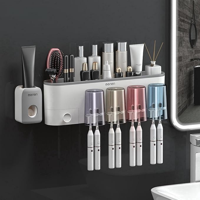 No-Drill Wall Mounted Toothbrush Holder, Bathroom Shelf, with 1 Automatic Toothpaste Dispenser 8 Brush Hooks Cups 1 Cosmetic Drawer Organizer and Large Storage (1 Dispenser + 4 Cups)