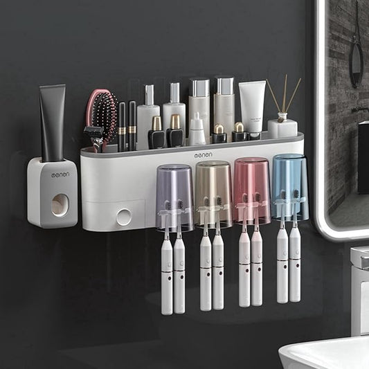 No-Drill Wall Mounted Toothbrush Holder, Bathroom Shelf, with 1 Automatic Toothpaste Dispenser 8 Brush Hooks Cups 1 Cosmetic Drawer Organizer and Large Storage (1 Dispenser + 4 Cups)