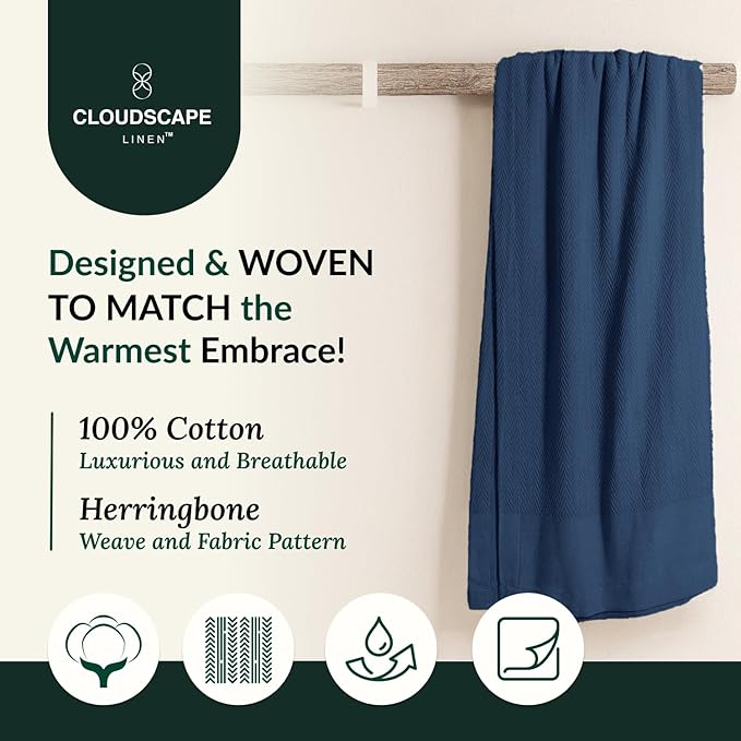 Cloud Scape Linen 100% Cotton Blanket King Size for Bed – Lightweight Summer Blanket, Herringbone Weave,fits California King Size Bed, 92x108,Ensign Blue-StrideForce Fitness
