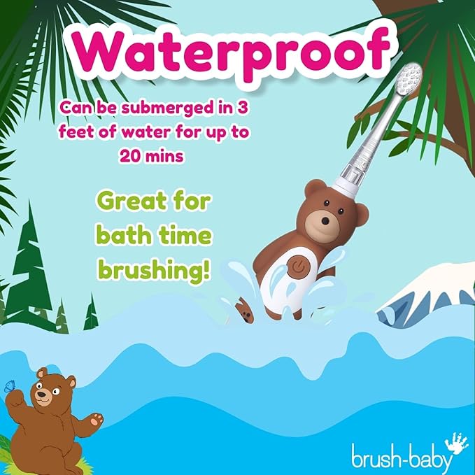 brush-baby - Kids Rechargeable Electric Toothbrush, 0-10 Years - WildOnes, Bear Design with Flashing Lights - DeepClean Bristles for Superior Clean - 2X Replacement Heads, 1x USB Cable