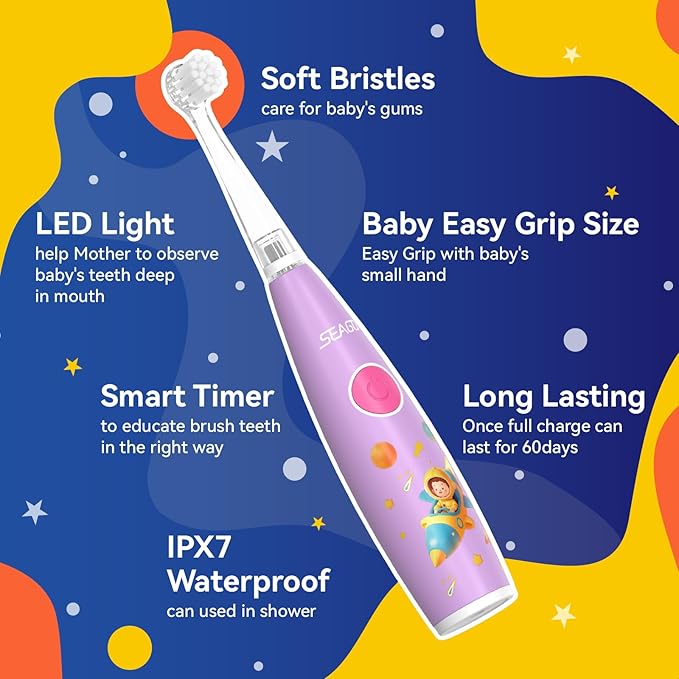 SEAGO Kids Electric Toothbrush Rechargeable with Smart Timer, LED Observing Light & DIY Stickers for Toddlers Ages 2-4, Soft Bristles for Oral Care, USB Charging (Pink)
