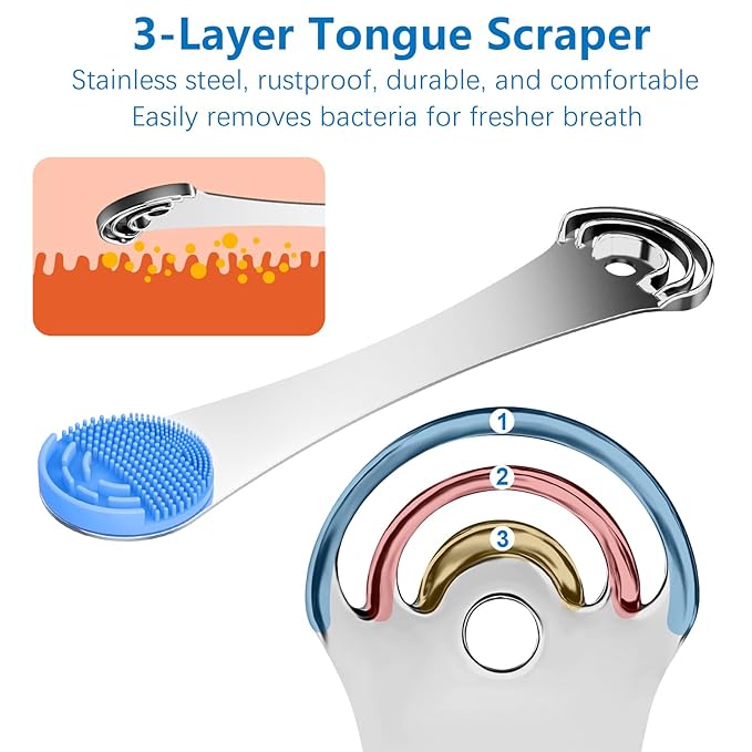 Tongue Scraper for Adults, 3-Layer Stainless Steel Tongue Scraper Metal Tongue Cleaner Tongue Scrubber, Reduce Bad Breath, with Soft Silicone Tongue Brush