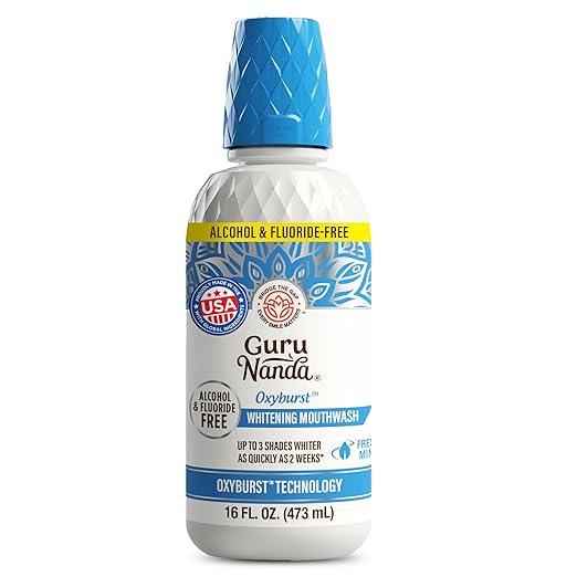 GuruNanda Oxyburst Teeth Whitening Mouthwash – Alcohol & Fluoride Free, with Hydrogen Peroxide & 7 Essential Oils, for On-The-Go Freshness, TSA Friendly, Wild Mint, 16 fl oz