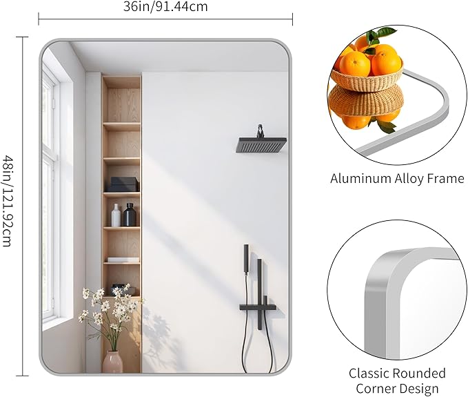 FORBATH 40x48 Inch Silver Bathroom Mirror for Over Sink, Large Rectangular Wall Mirror with Metal Frame, Rounded Corners for Bathroom, Bedroom, Entryway Decor (Horizontal or Vertical)-StrideForce Fitness