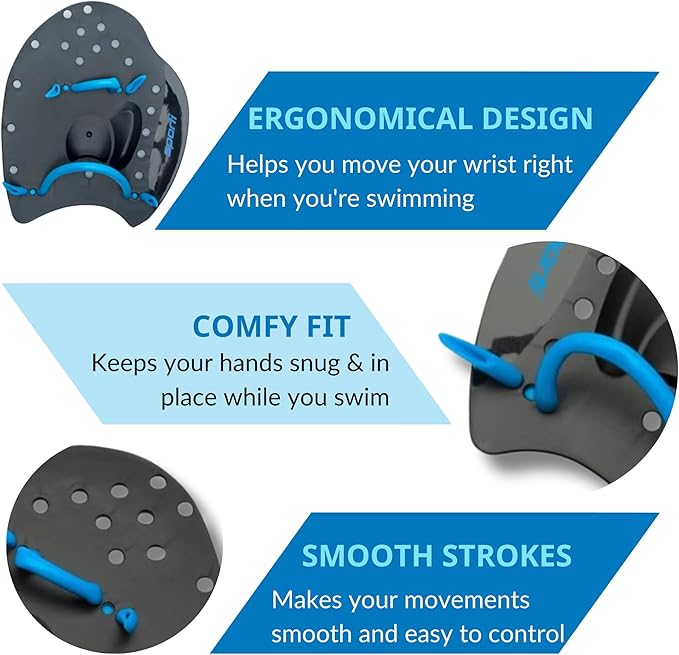 𝗦𝗽𝗼𝗿𝘁𝗶 Power Swim Paddles for Lap Swimming - Adjustable Straps - Lap Swimming Gears - Hand Paddles for Adults & Kids-StrideForce Fitness