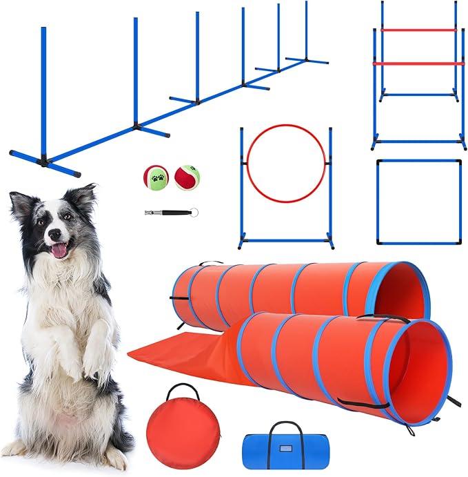 Dog Agility Training Equipment Set, Obstacle Courses Agility Training Kit for Puppy Includes 2 High Hurdles, Standard Tunnel, Blind Tunnel, Jumping Ring, 6 Weave Poles, Pause Box and 2 Carrying Bags-StrideForce Fitness