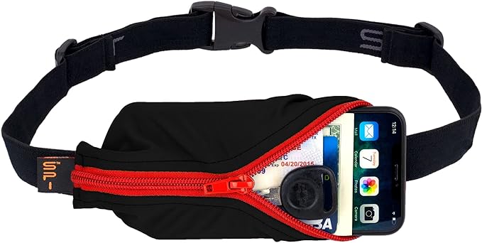 SPIbelt Running Belt for Women Men, Phone Holder for Running, Running Fanny Pack, Holder for Phone, Running Waist Pack, Adjustable Waist, [Fits All Phones]. Black with Red Zipper-StrideForce Fitness
