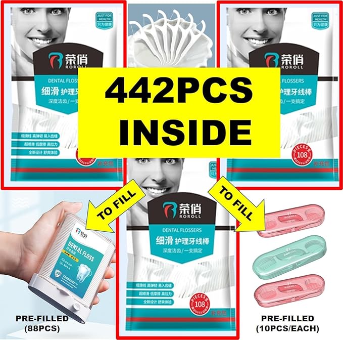 Dental Floss Picks, Flossers Picks for Adult Teeth, Packed in 1pc of Refillable Auto-Ejection-Case and 3pcs of Portable Cases, Hygienic Convenient, Smart Buy, 442pcs (White)
