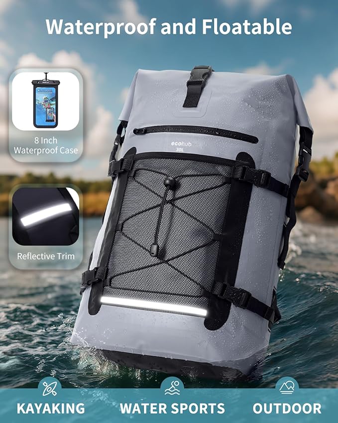 ECOHUB Waterproof Backpack for Women Men, 30L Roll-Top Closure Heavy Duty Dry Bag for Travel with IPX8 Waterproof Phone Case-StrideForce Fitness