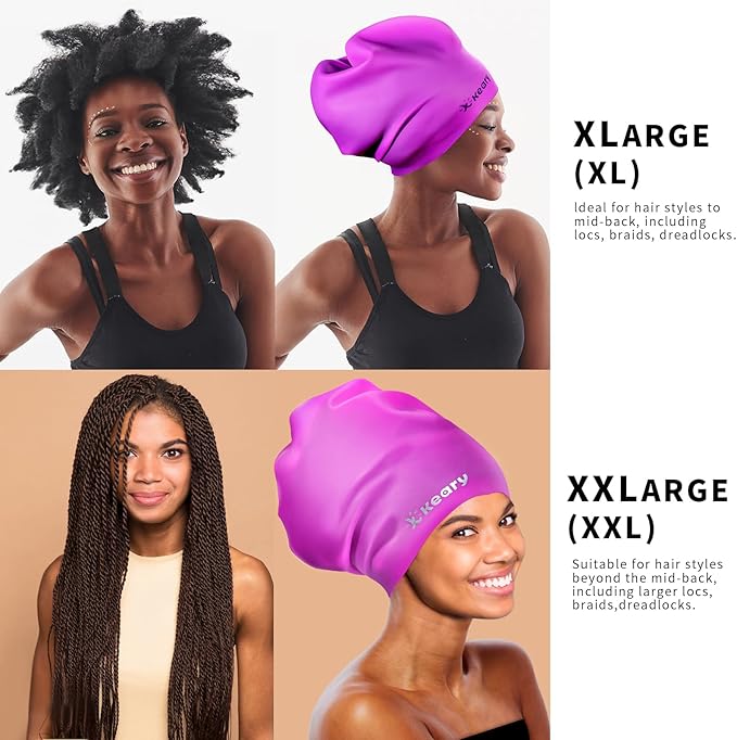 Keary Extra Large Swim Cap for Braids and Dreadlocks Extensions Weaves Long Hair, Waterproof Silicone Cover Ear Bath Pool Shower Swimming Cap for Adult Youth to Keep Hair Dry, Easy to Put On and Off-StrideForce Fitness