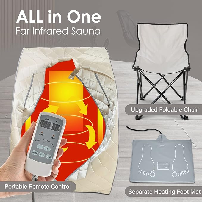Smartmak Far Infrared Sauna, Full Body One Person Portable SPA Set with Time & Tempreture Remote Control, Heating Foot Pad and Foldable Reinforced Chair (L 27.6’’ x W 31.5’’ x H 37.8’’)- Beige-StrideForce Fitness