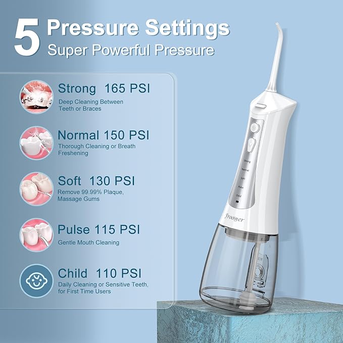 Froomer Cordless Water Flosser – Rechargeable Portable Electric Water Flosser for Teeth, Braces, 5 Modes, IPX7 Waterproof, Travel Friendly, 300ml, White