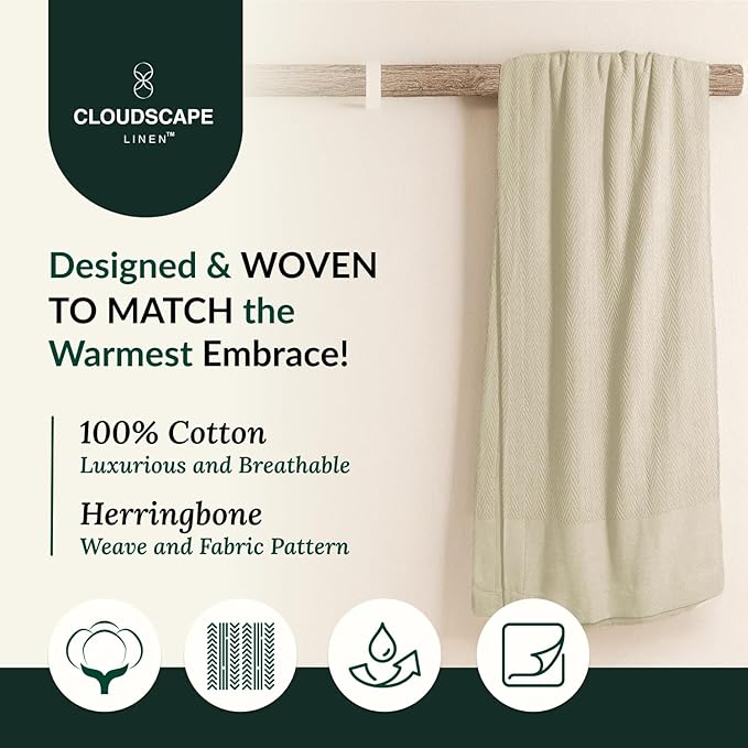 Cloud Scape Linen 100% Cotton Blanket King Size for Bed – Lightweight Summer Blanket, Herringbone Weave,fits California King Size Bed, 92x108,Beige Fog-StrideForce Fitness