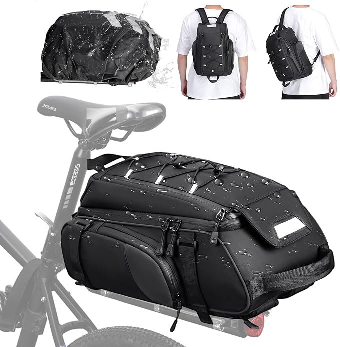 RAINSMORE Bike Bags for Bicycle Rear Rack 15L Waterproof Bike Ebike Trunk Pannier Saddle Bag with Rain Cover Bike Accessories Backpack Shoulder Bag for Commuter Travel Outdoor, Black-StrideForce Fitness