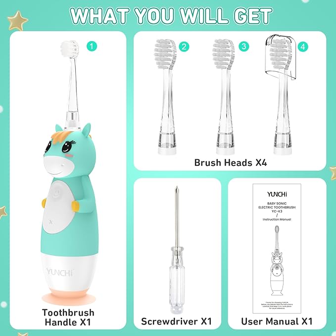YUNCHI Toddler Electric Toothbrush Kids 0-3-6 Years, Baby Electric Toothbrush with Colorful LED Light, Battery Powered Toddler Toothbrush with 2 Minutes Timer 4 Brush Heads, Infant Toothbrush (Green)