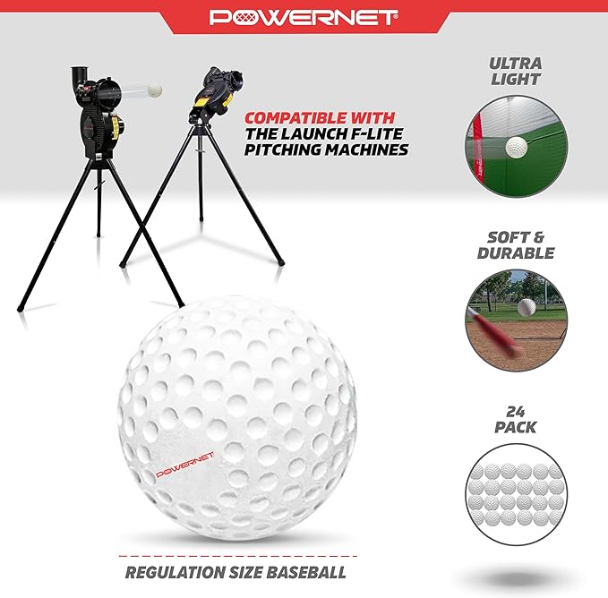 PowerNet Launch F-lite Softball & Baseball Pitching Machine, Dimpled Practice Balls, Bucket of Baseballs, Coaching Bucket Bundle for Pitching Machine, Baseball Training Equipment-StrideForce Fitness