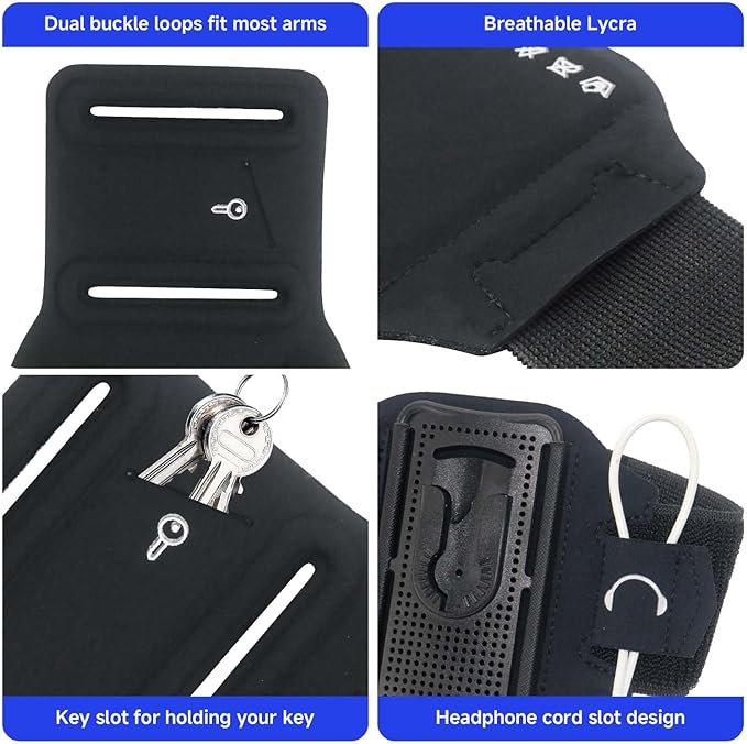 Wristband Phone Holder for Running, 360°Rotation & Detachable Sports Armband with Key Holder for iPhone 16/15/14/13/12/Pro/Pro Max/XS/XR/X/8/7/6/Plus, Fits 4.5-7 Inch Smartphones (Grey)-StrideForce Fitness