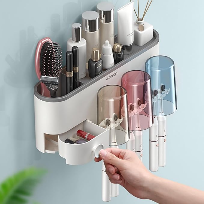 No-Drill Wall Mounted Toothbrush Holder, Bathroom Shelf, with 1 Automatic Toothpaste Dispenser 4 Brush Hooks Cups 1 Cosmetic Drawer Organizer and Large Storage (1 Dispenser + 2 Cups)