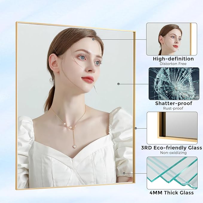 27x36 Inch Orange Gold Bathroom Mirror for Wall, Aluminum Frame Rectangle Rectangular Vanity Mirror, Modern Large for Bedroom, Living Room, Horizontal or Vertical-StrideForce Fitness