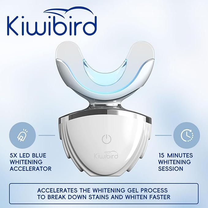 KIWIBIRD Teeth Whitening Kit for Sensitive Teeth – 3 Gel Pens, LED Light with Wireless Charging Case, IPX7 Waterproof, Enamel-Safe at-Home Dental Care Tool