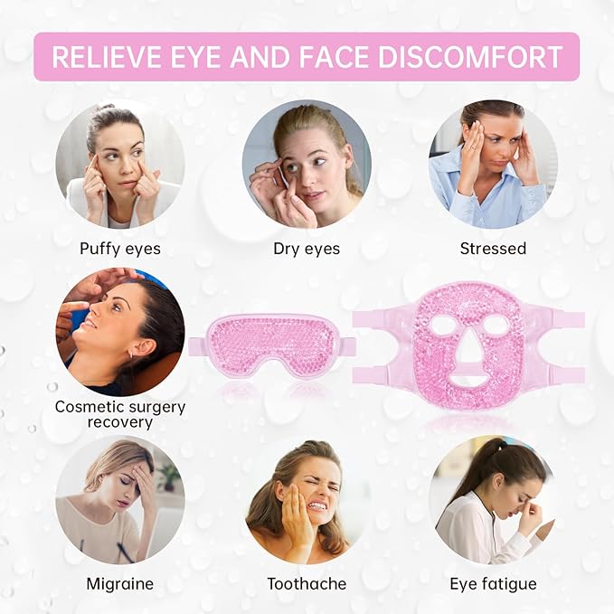 ZNÖCUETÖD Face Eye Mask Ice Pack for Reducing Puffiness, Bags Under Eyes, Puffy Dark Circles, Migraine,Hot/Cold Pack with Soft Plush Backing (Pink-(1*Eye Mask+1*Face Mask))