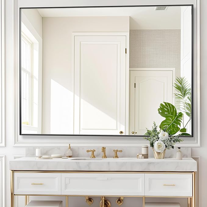36x48 Inch Black Bathroom Mirror for Wall, Aluminum Frame Rectangle Rectangular Vanity Mirror, Modern Large for Bedroom, Living Room, Horizontal or Vertical-StrideForce Fitness
