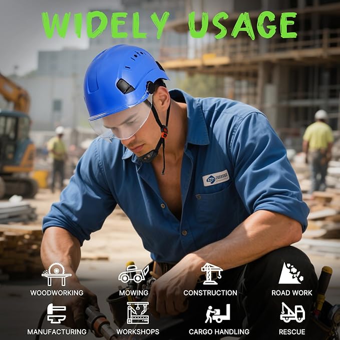 AOLAMEGS Construction Blue Hard Hats - Adjustable Vented Hard Hat with Visor for Men Women ABS Safety Helmet 6-Point Suspension Work Safety Helmet for Outdoor Height Industrial (with Clear Visor)-StrideForce Fitness