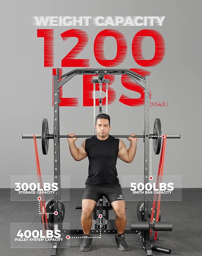 Mikolo Smith Machine Home Gym Power Cage (1:1 Ratio Strength Trainer) (Space Saving Design) (with 8 Free Attachments) Squat Rack for Full Body Training-StrideForce Fitness