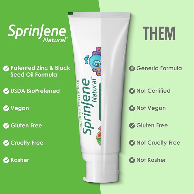 SprinJene Natural Children’s Toothpaste – Watermelon Fluoride Toothpaste for Kids & Toddlers – Cavity Protection – Safe Natural Formula with Patented Black Seed Oil & Zinc – Made in The USA (2 Pack)