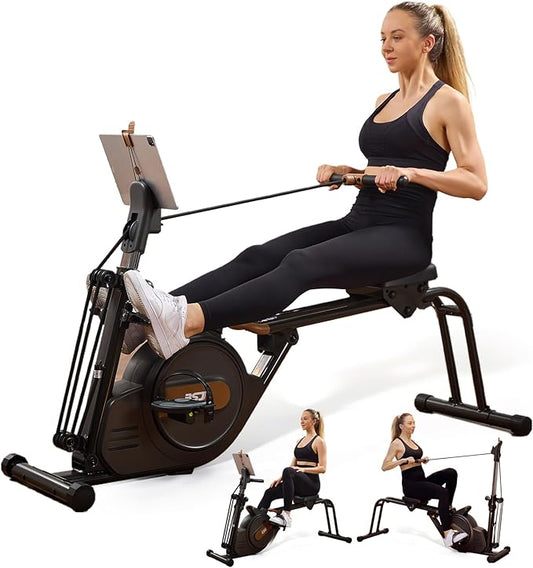 3 in 1 Rowing Machine, Dual Slide Rail 6-Level Adjustable Height with Max 350lb Weight Capacity, Home Fitness Rower for Full Body Workout, App Compatible-StrideForce Fitness