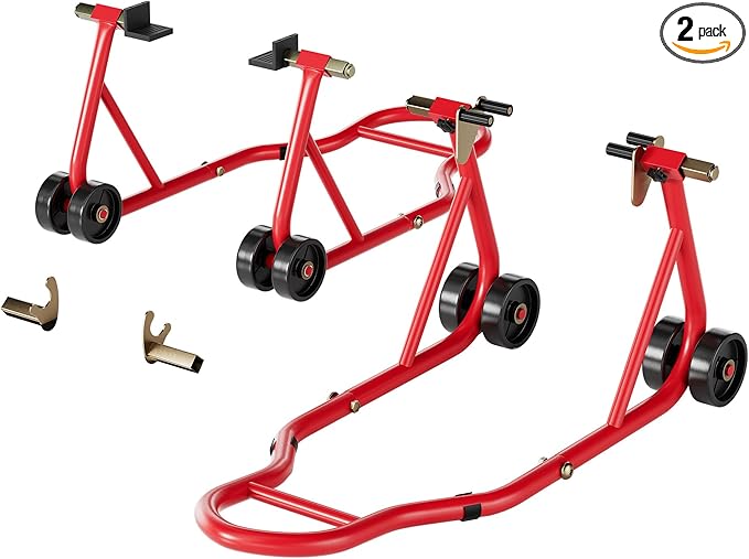 SPECSTAR Motorcycle Stands, 882 Lbs Capacity Front Rear Wheels Lift Combo with U+L Adjustable Swingarm Spool, Heavy Duty Paddock Stands for BMW Suzuki Yamaha Honda Kawasaki, Red-StrideForce Fitness