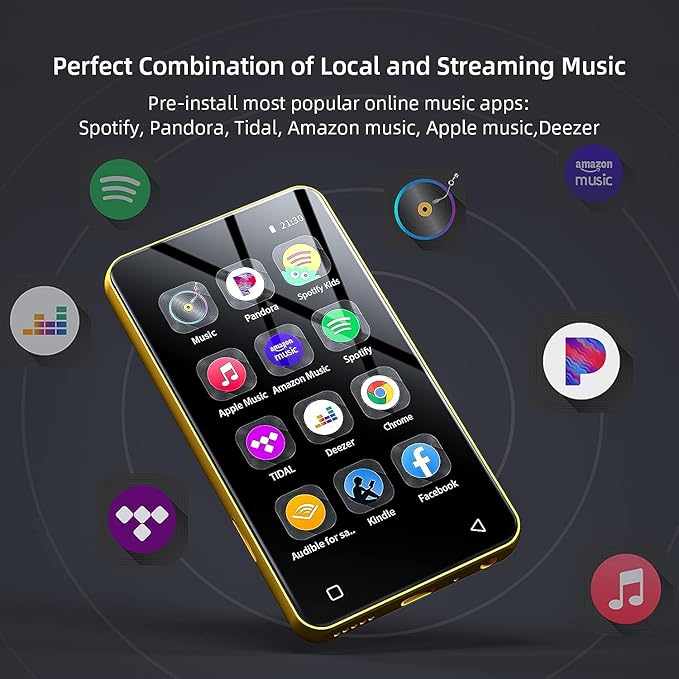 80GB MP3 Player with Bluetooth and WiFi, MP4 MP3 Player with Spotify,Spotify Kids，4" Full Touch Screen with Pandora, Music Player with Audible，Android MP3 with Speaker (Gold_Black)-StrideForce Fitness