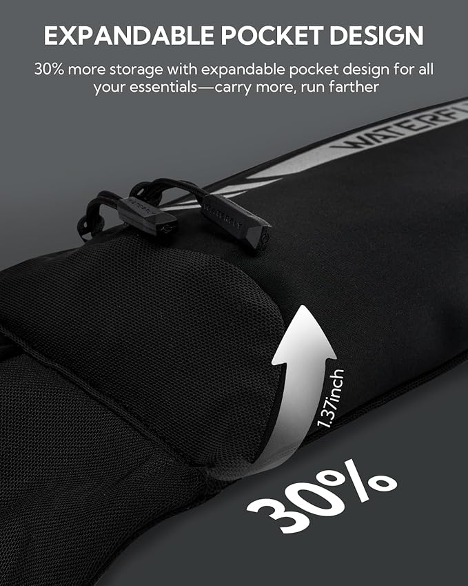 WATERFLY Running Belt Fanny Pack: Slim Breathable 4 Pocket Waist Bag for Men Women Sport Workout Exercise Fitness Phone Holder - Runner Marathon Jogging Waistband Fits ALL Phones Black-StrideForce Fitness