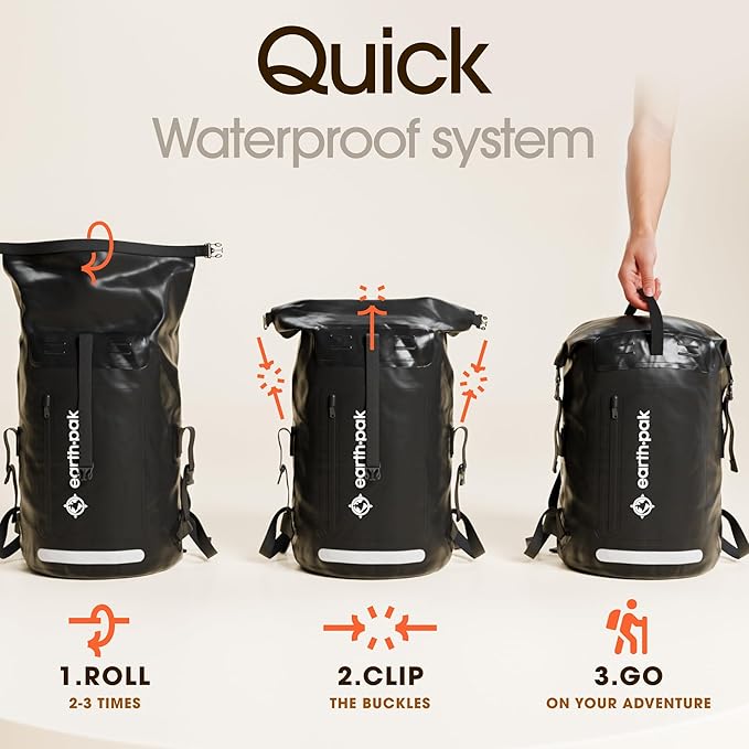 Earth Pak Waterproof Backpack - Heavy Duty Hiking Backpack - Roll-Top Closure Bag - Cushioned Dry Bag Waterproof Phone Case-StrideForce Fitness