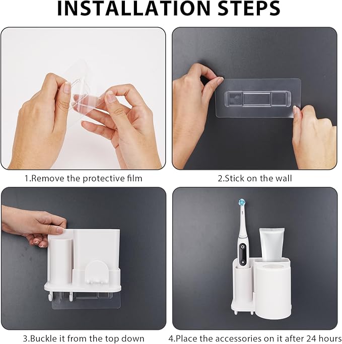 Toothbrush Holders with Mouthwash Cup Wall Mounted for Bathrooms, 2 Slots Bathroom Organizer for Toothpaste, Electric Toothbrush, Razor, Floss, Self Adhesive Toothbrush Hanger Storage for Shower