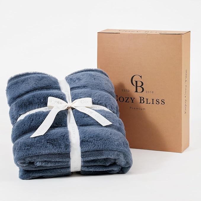 Cozy Bliss Faux Fur Throw Blanket for Couch, Cozy Warm Plush Striped Blanket for Sofa Bedroom Living Room, 90 * 90 Inches Blue-StrideForce Fitness