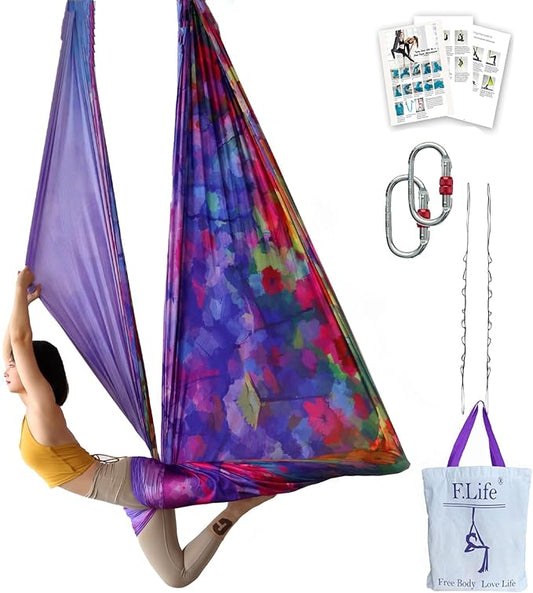 F.Life Aerial Yoga Hammock kit- Yoga Swing Multicolor 5 yards-Flying Yoga Include Daisy Chain,Carabiner and Pose Guide-StrideForce Fitness