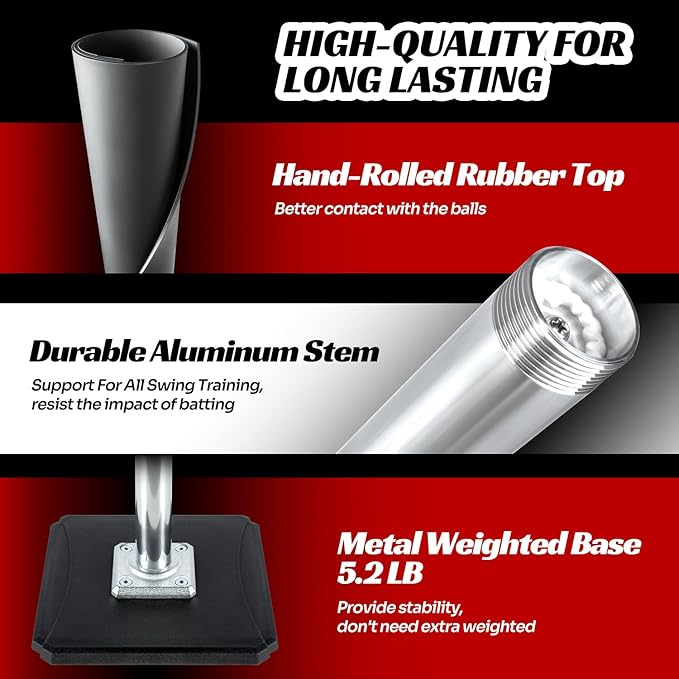 Portable Batting Tee for Baseball/Softball, Height Adjustable 24-46 inches Softball Tee for Kids and Adults,Baseball Tee with Rubber Top,Metal Base,Easy Transport and Assemble Hitting Tee-StrideForce Fitness