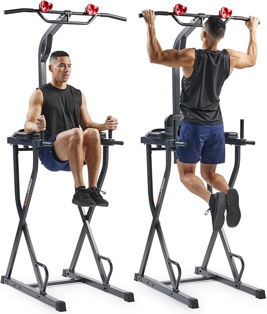 Sunny Health & Fitness Power Tower, Dip Bar, Push-Up & Pull Up Assisting Parallette Station w Optional Rock Climbing Grip Trainer-StrideForce Fitness